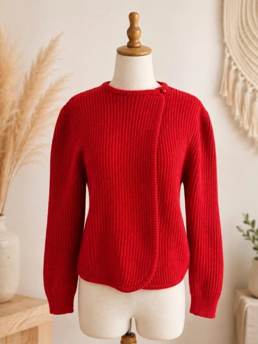 I.B. Diffusion Vintage Red Ribbed Wool Blend Cardigan Sweater Silk Angora Lambsw